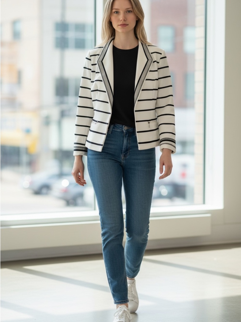 White House Black Market White and Black Striped Open Blazer